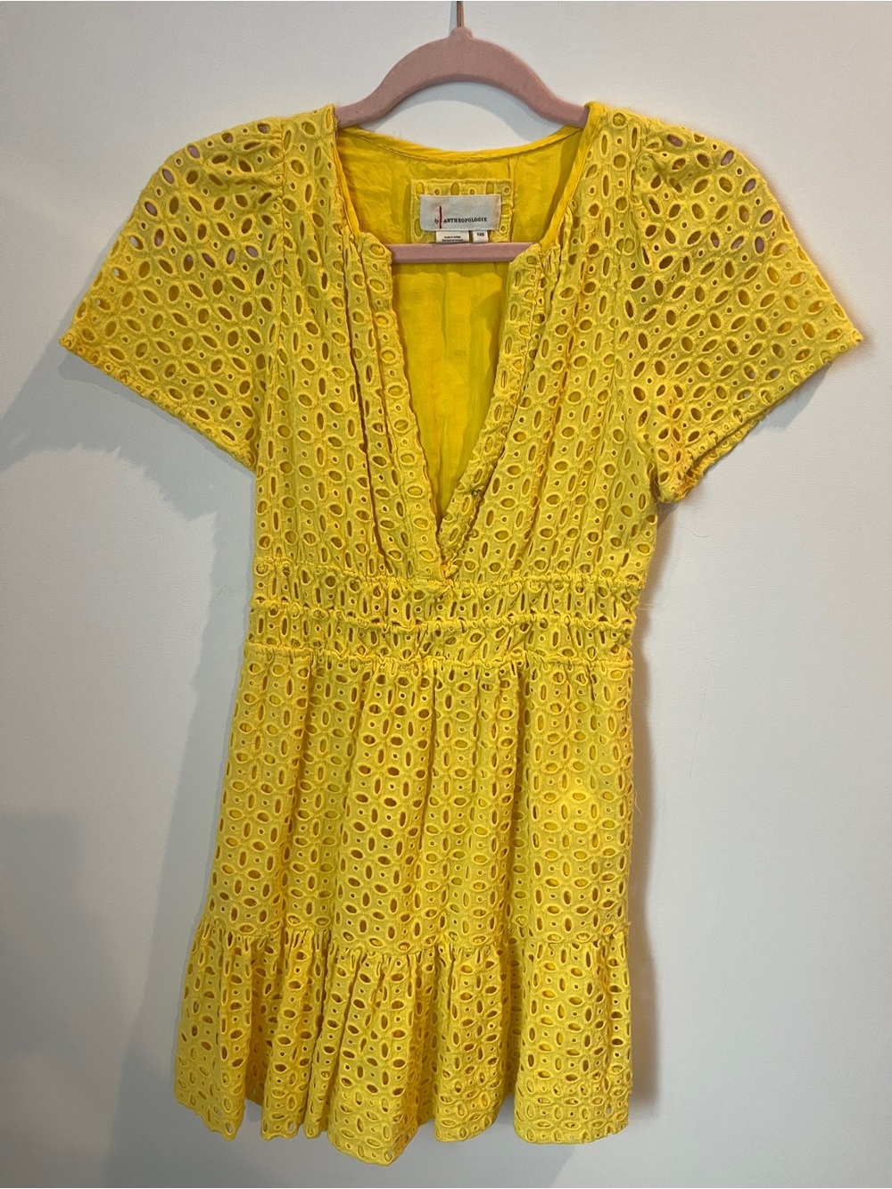 Anthropologie Eyelet V-Neck Yellow Women's Somerset Dress cotton maeve XXS